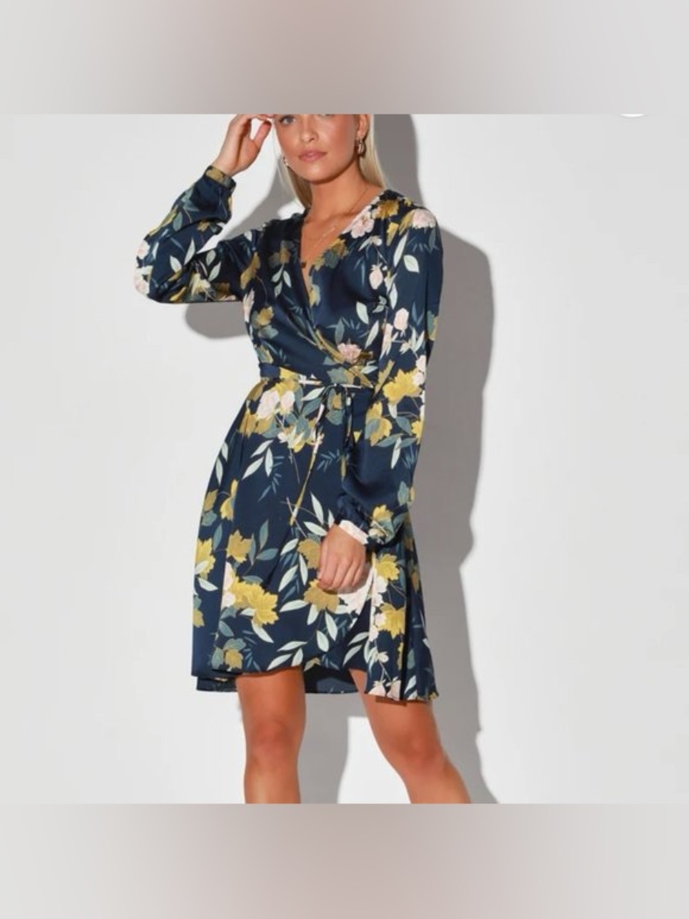 Lulus Love is Life Navy Blue Floral Print Satin Wrap Dress - Size Small - Picture 3 of 11